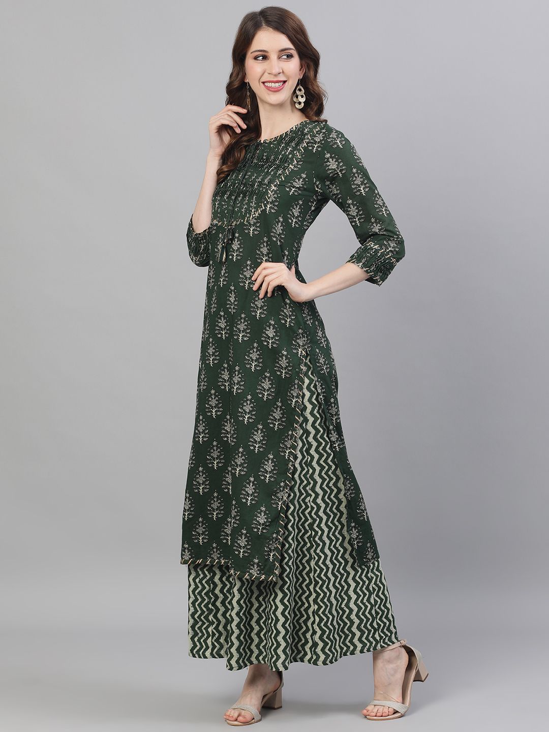 Dhiyona IS Women's Women Olive Green Beige Printed Tuck Detailed Kurta Palazzos
