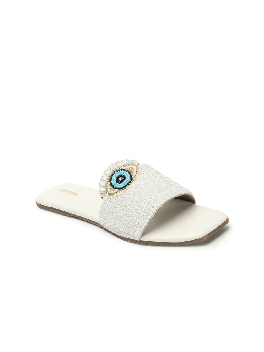Dhiyona AK White & Blue Evil Eye Embellished Classic Open Toe Flats
