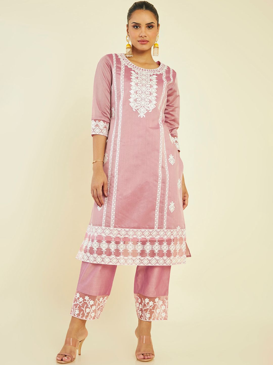 Dhiyona SO Women's Ethnic Motifs Embroidered Panelled Chanderi Silk Kurta with Palazzos & Dupatta