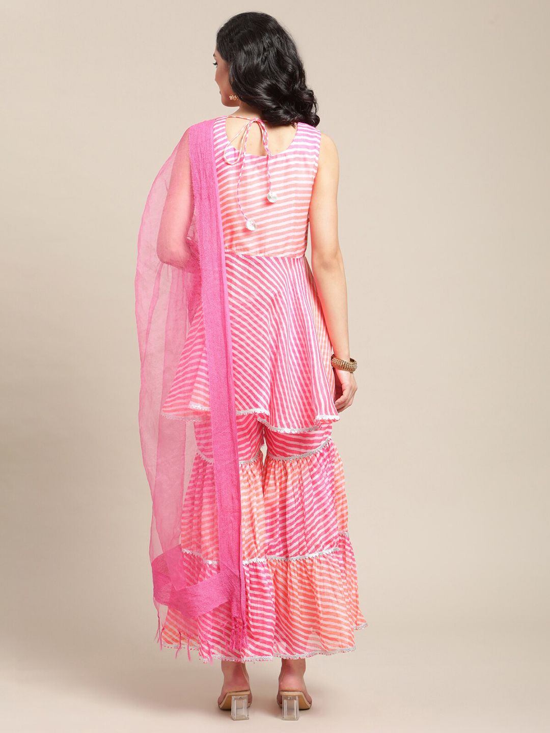Dhiyona VA Women's Pink Leheriya Printed Empire Kurti with Sharara & Dupatta