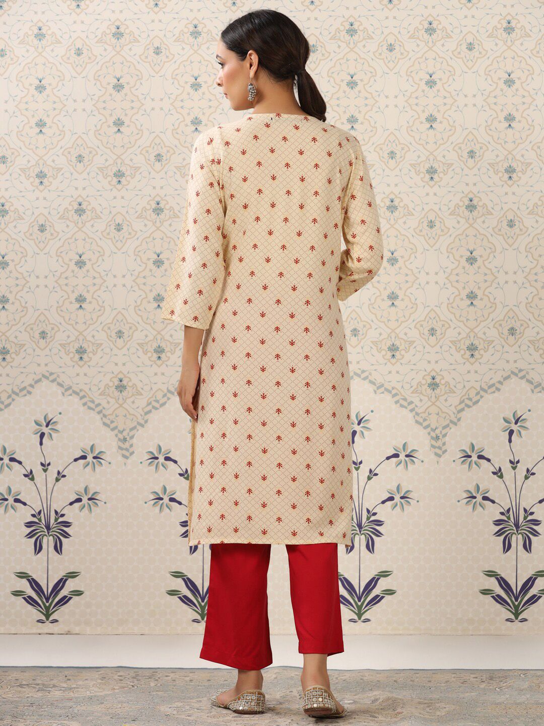 Dhiyona OD Cream-Coloured & Red Printed Notched Neck Kurta With Palazzos