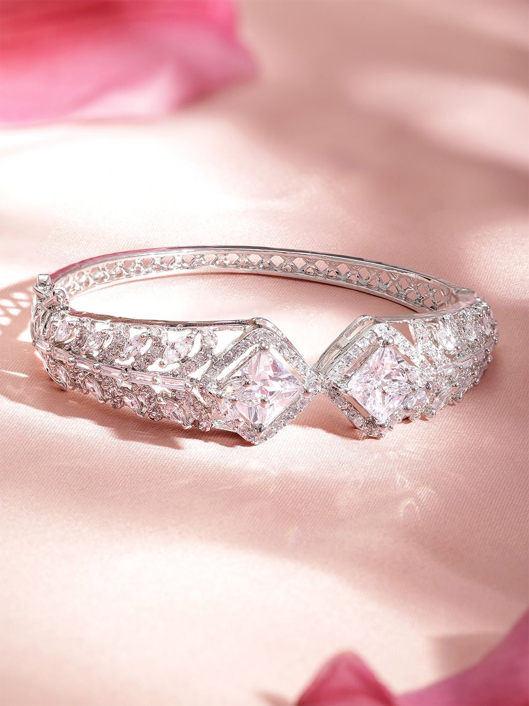 Dhiyona RJ Women's Women Rhodium-Plated Cubic Zirconia Studded Bangle-Style Bracelet