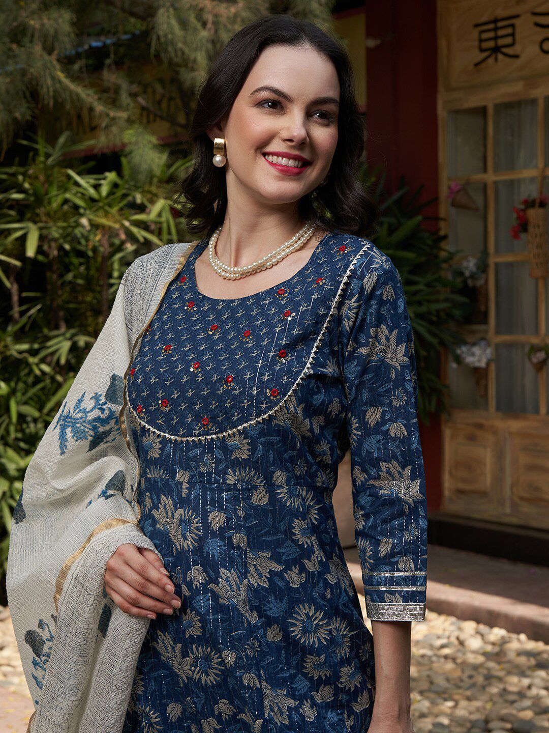 Dhiyona SN Women's Blue Printed Gotta Patti Pure Cotton Empire A-Line Kurta with Trousers & Dupatta