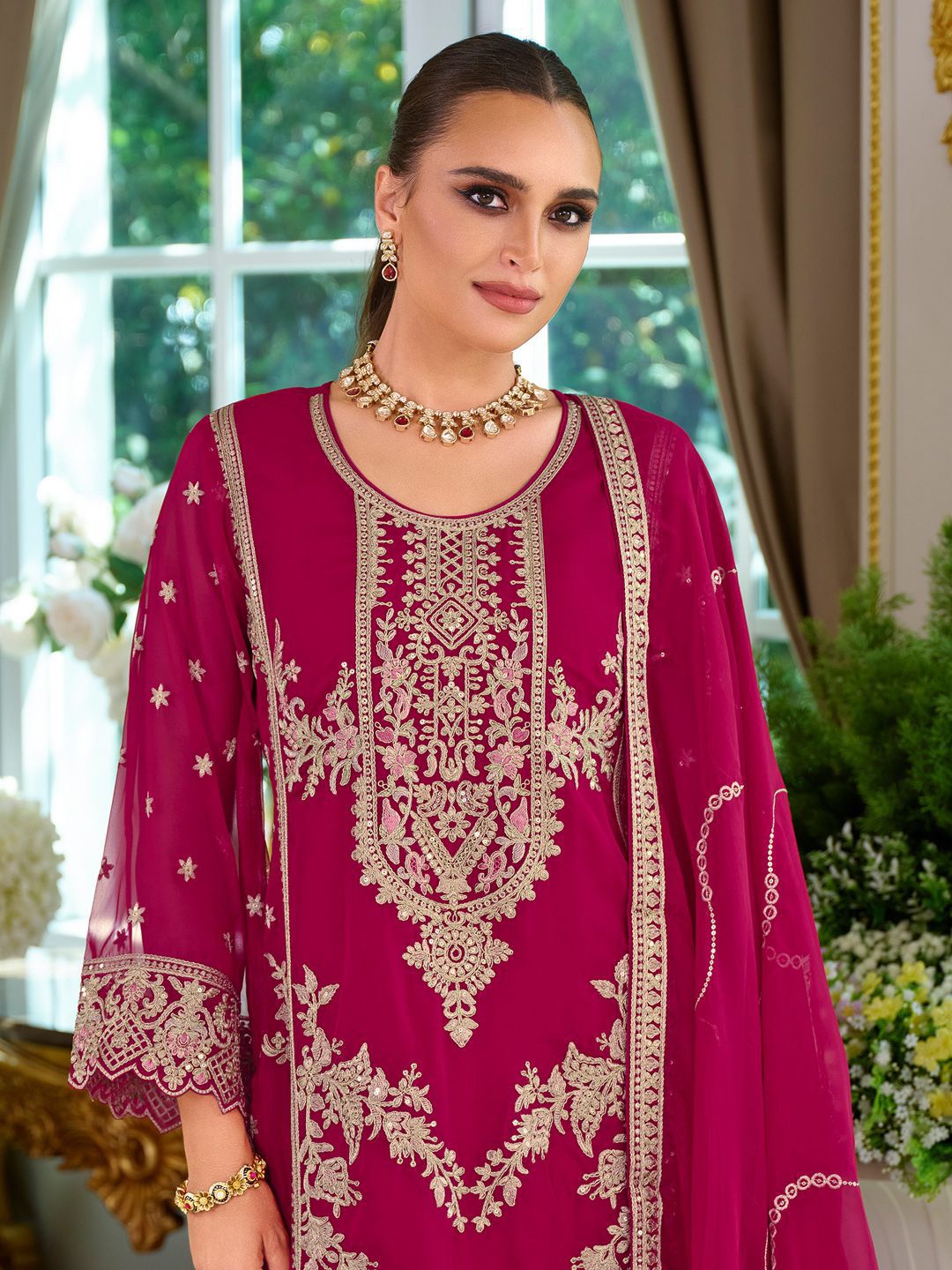Dhiyona IE Women's Ethnic Motifs Embroidered Zari Kurta with Trousers & Dupatta