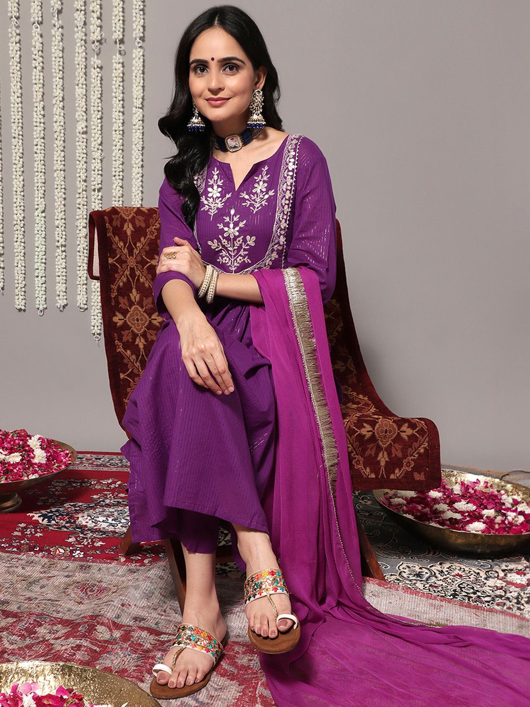 Dhiyona VA Women's Purple Ethnic Motifs Yoke Design Pure Cotton Kurta with Trousers & Dupatta