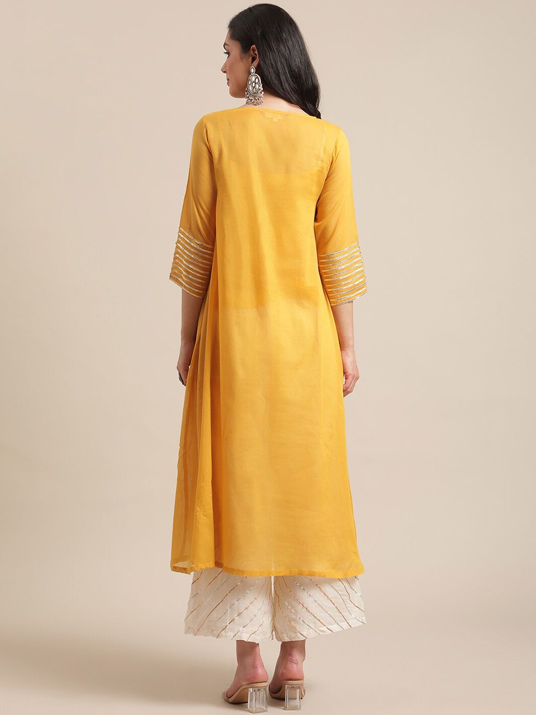 Dhiyona VA Women's Mustard Yellow Panelled Gotta Patti Pure Cotton Kurta with Trousers