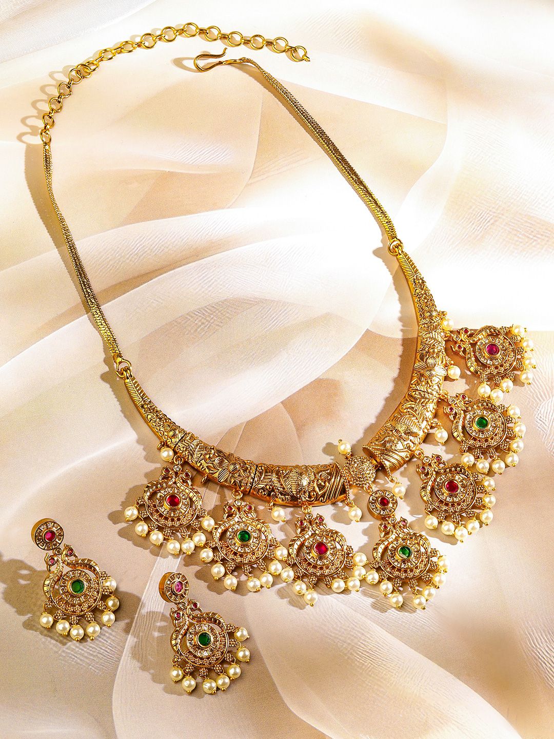 Dhiyona RJ Women's 22KT Gold-Plated Cubic Zirconia Studded & Pearls Beaded Lakshmi God Jewellery Set