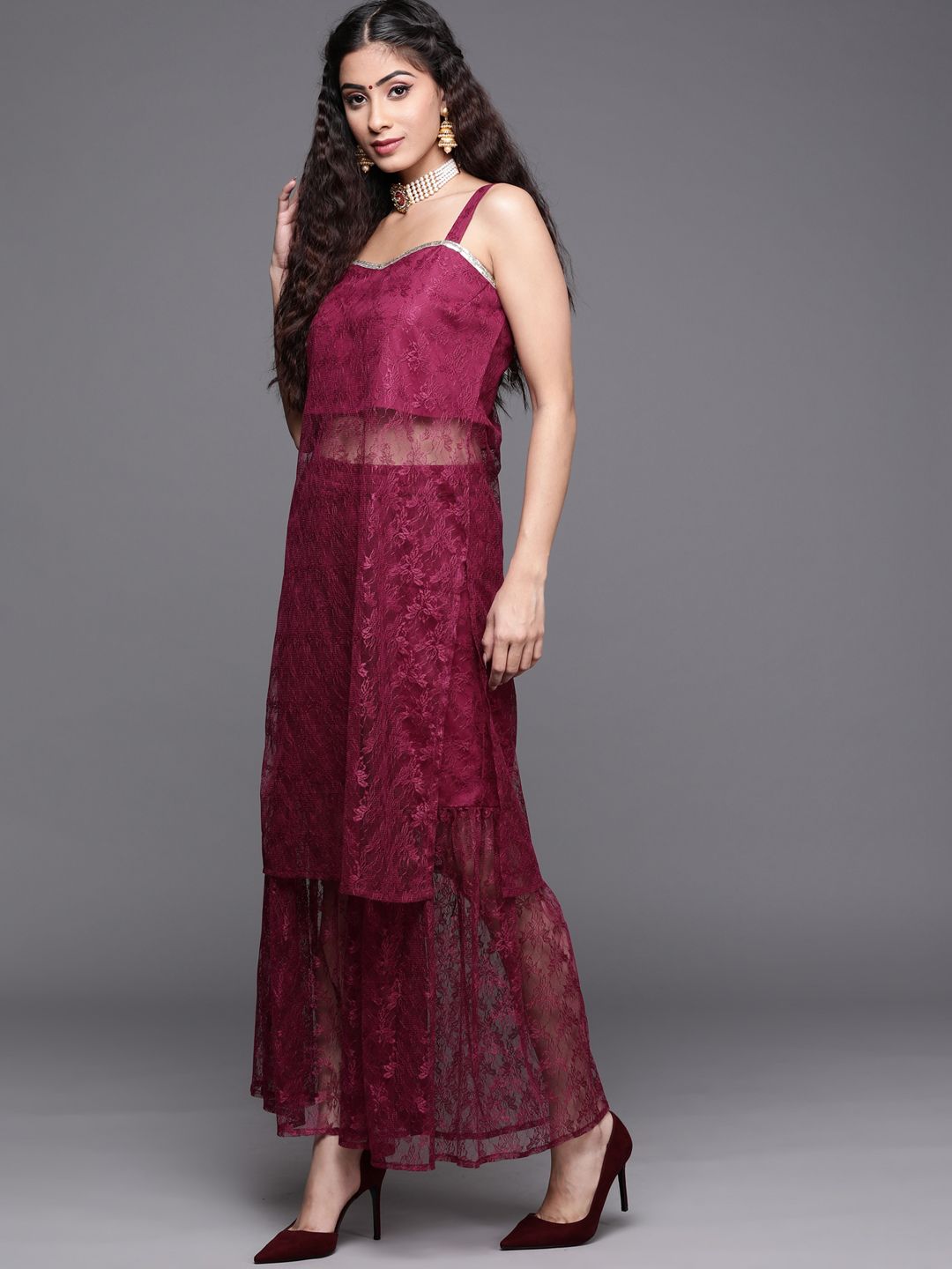 Dhiyona VA Women's Magenta Floral Lace Kurta with Sharara