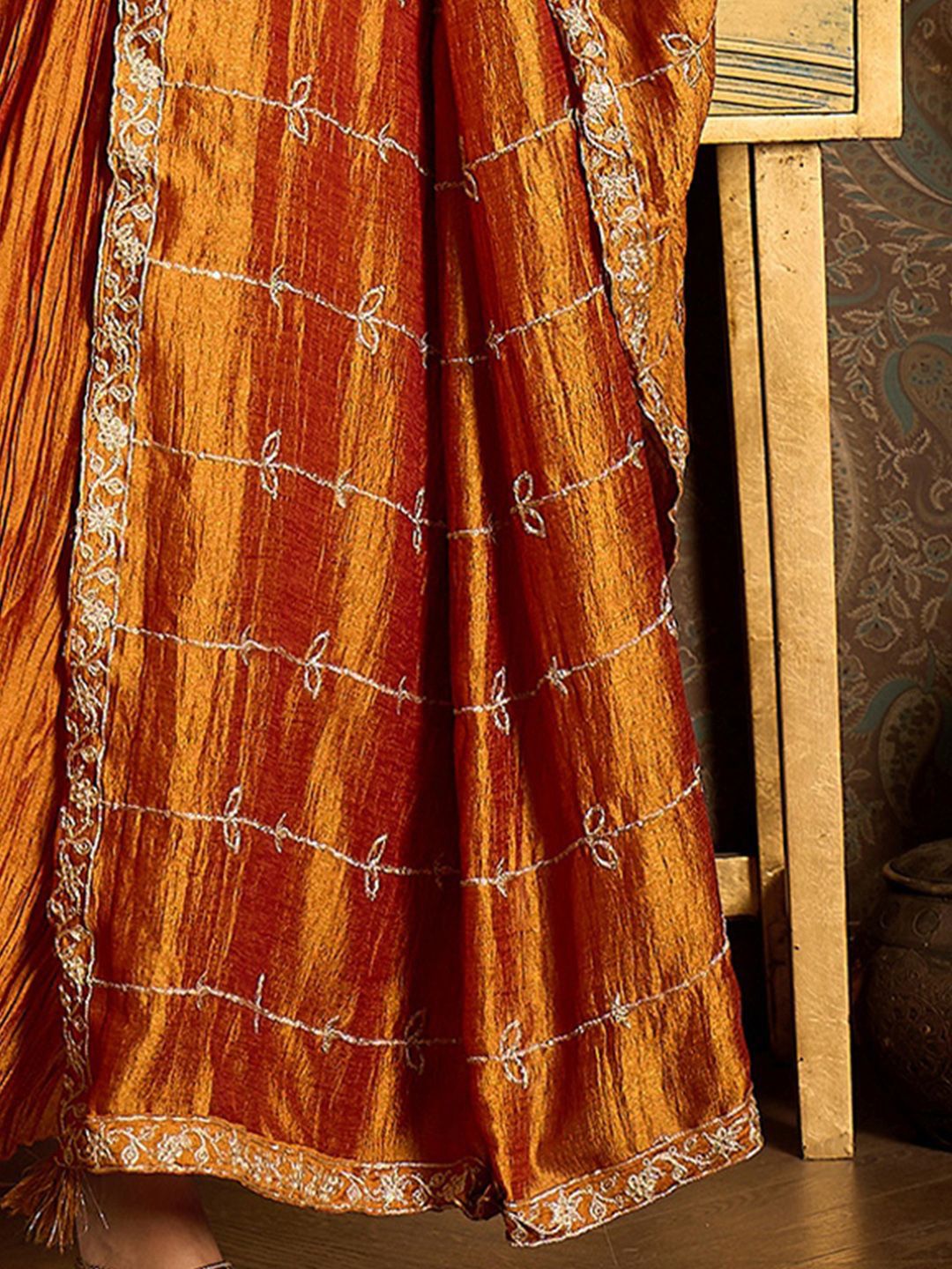 Floral Yoke Design Pleated Thread Work Anarkali Kurta With Trousers & Dupatta