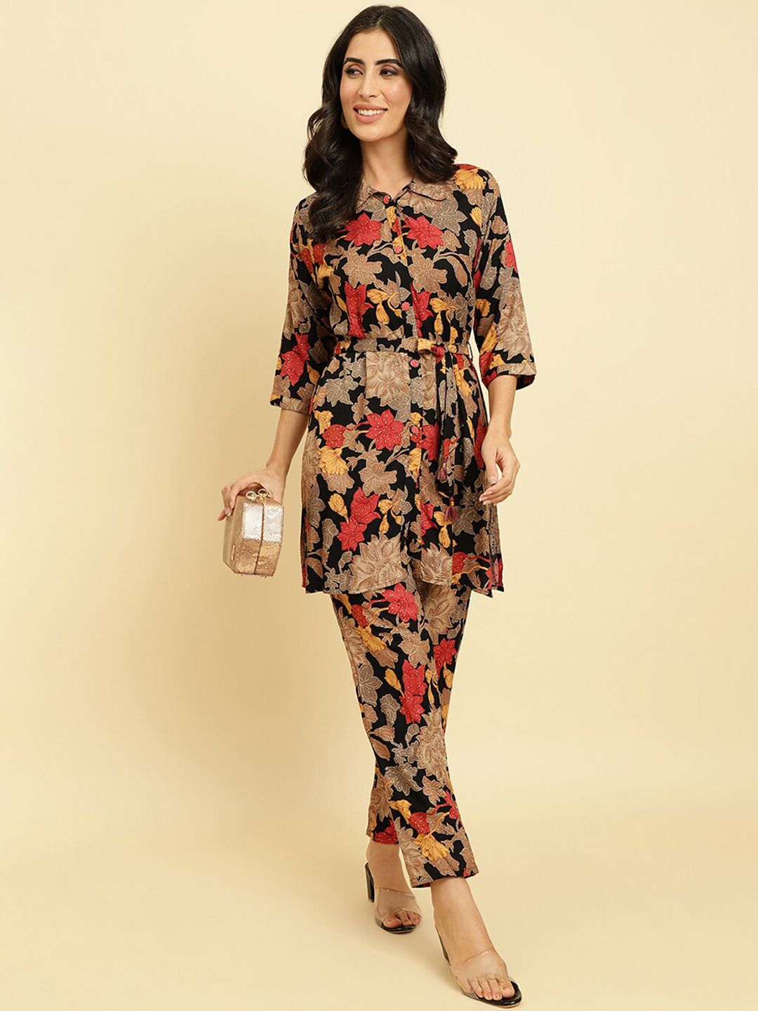 Dhiyona VA Women'sFloral Printed Shirt Collar Fusion Kurta With Trousers
