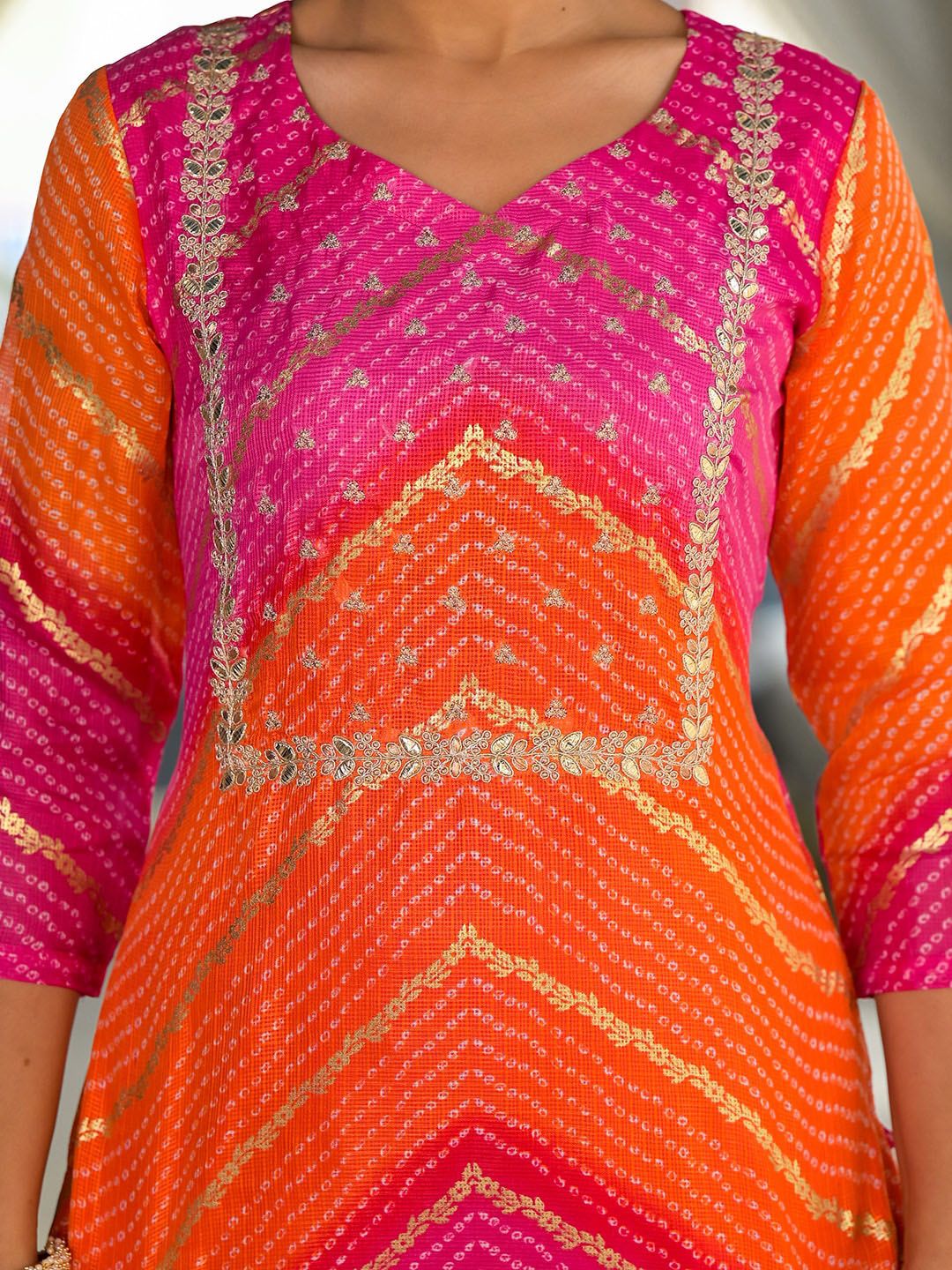Dhiyona VA Women'sBandhani Printed Regular Gotta Patti Kurta with Trousers & With Dupatta