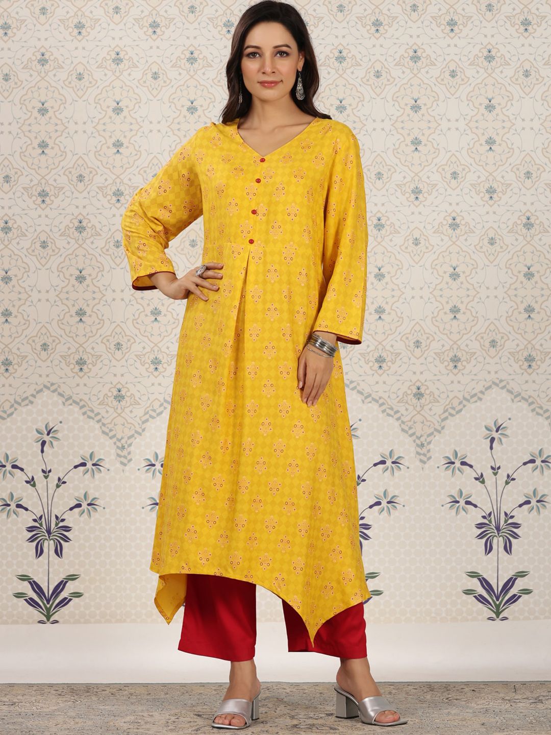 Dhiyona OD Ethnic Motifs Printed V-Neck Asymmetric A-Line Kurta