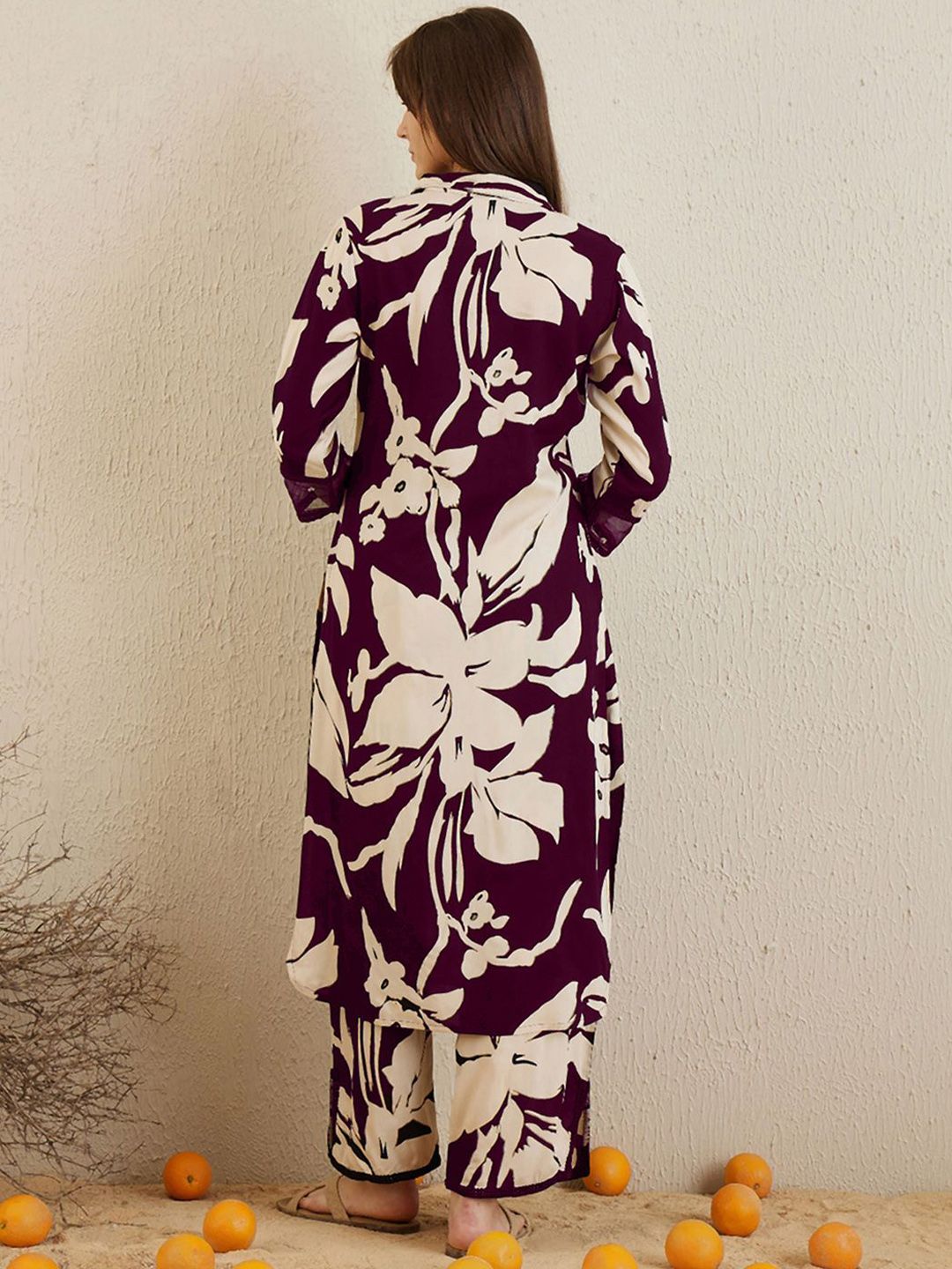 Dhiyona IE Women Shirt Coller Floral Printed Regular Sequinned Kurta with Trousers