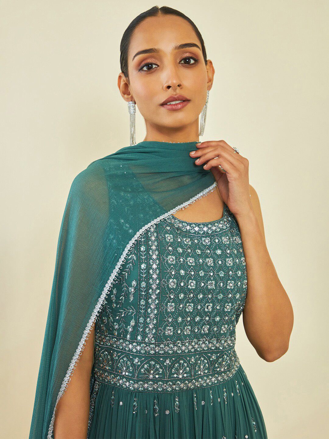 Dhiyona SO Women's Floral Embroidered Beads And Stones A-line Kurta With Palazzos & Dupatta