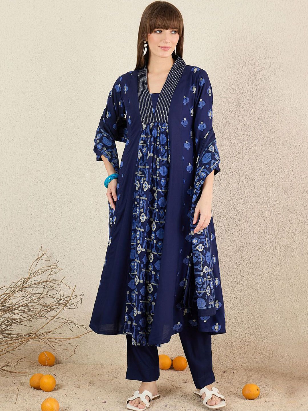 Dhiyona IE Women Quirky Printed Cotton Kurta with Trousers & Dupatta