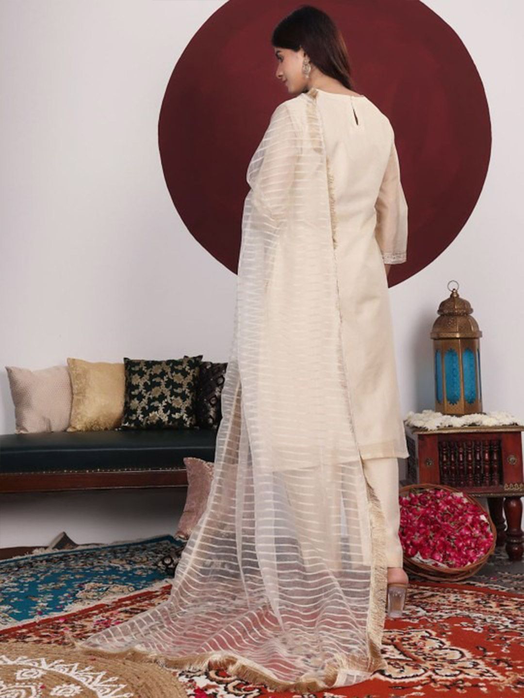 Dhiyona VA Women's Floral Woven Design Thread Work Kurta with Trousers & Dupatta