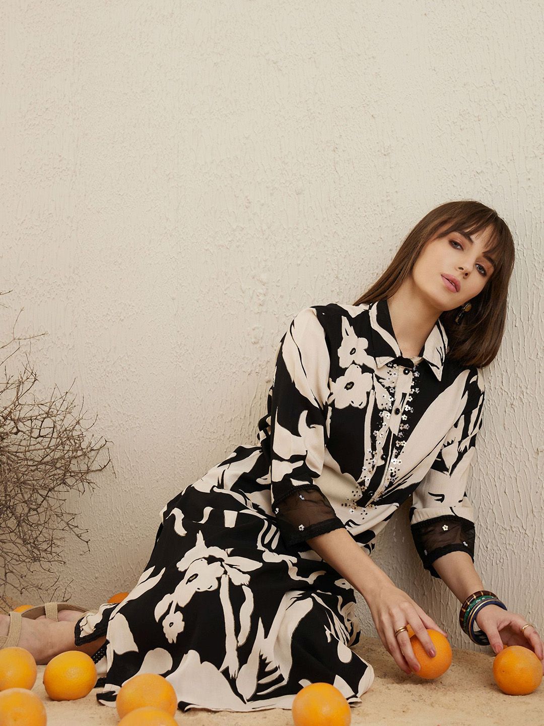 Dhiyona IE Floral Printed Three-Quarter Sleeves Tunic With Trouser