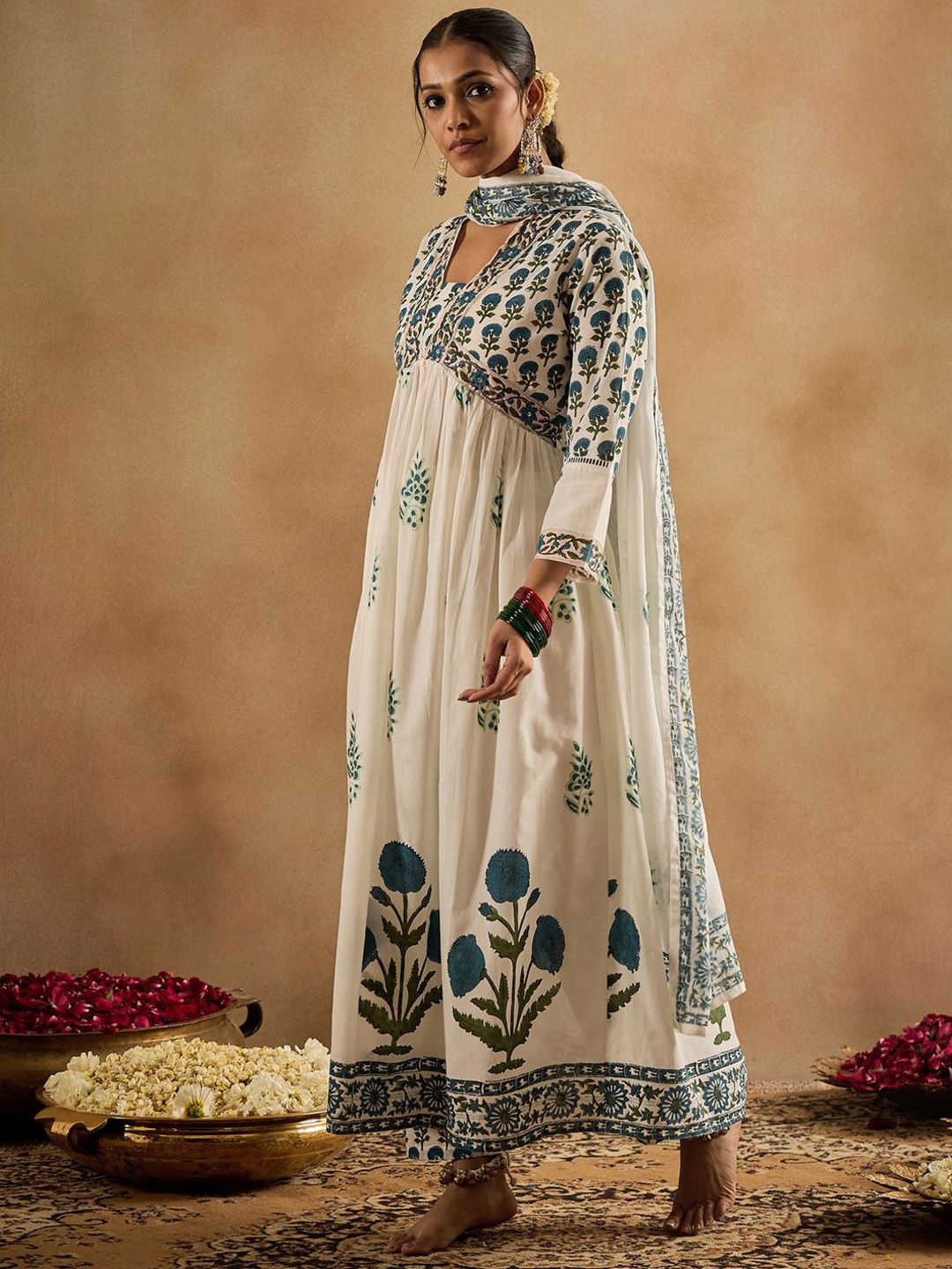 Dhiyona IE Floral Printed Empire Pure Cotton Anarkali Kurta With Trouser & Dupatta