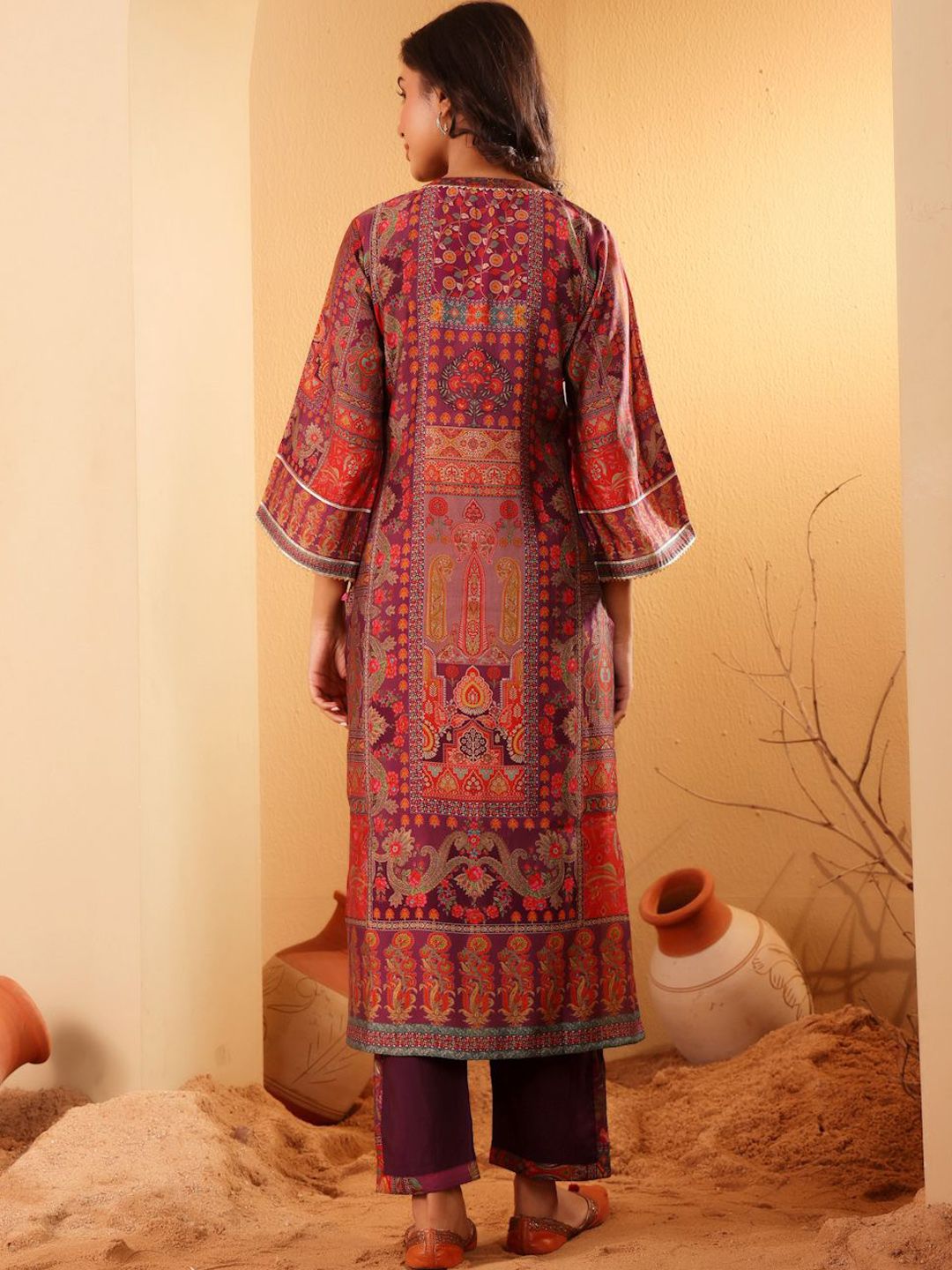 Dhiyona VA Women'sEthnic Motifs Printed Mandarin Collar Gotta Patti Chanderi Silk Kurta & Trousers