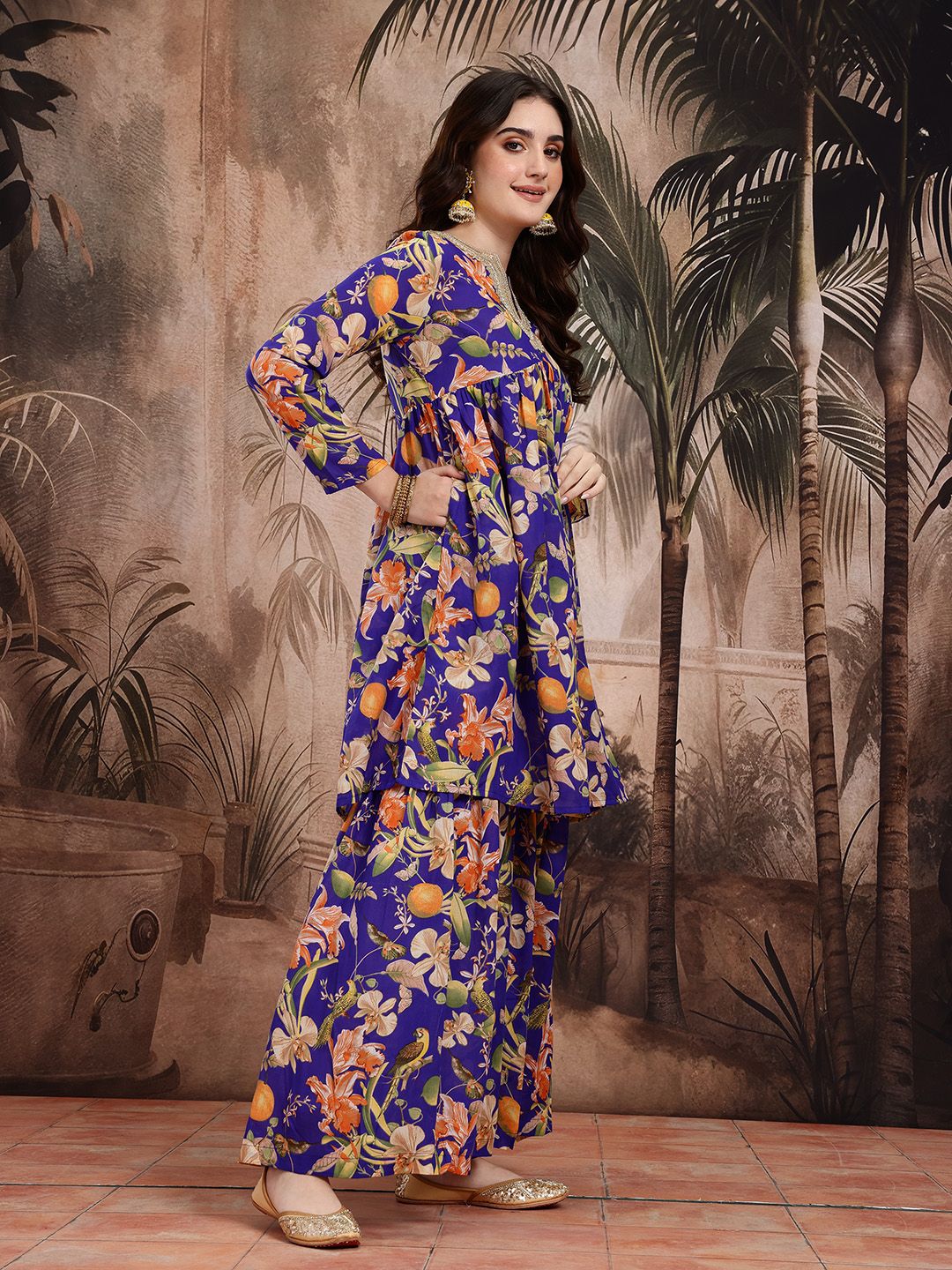 Dhiyona SN Women's Floral Print Empire Kurta with Sharara & Dupatta