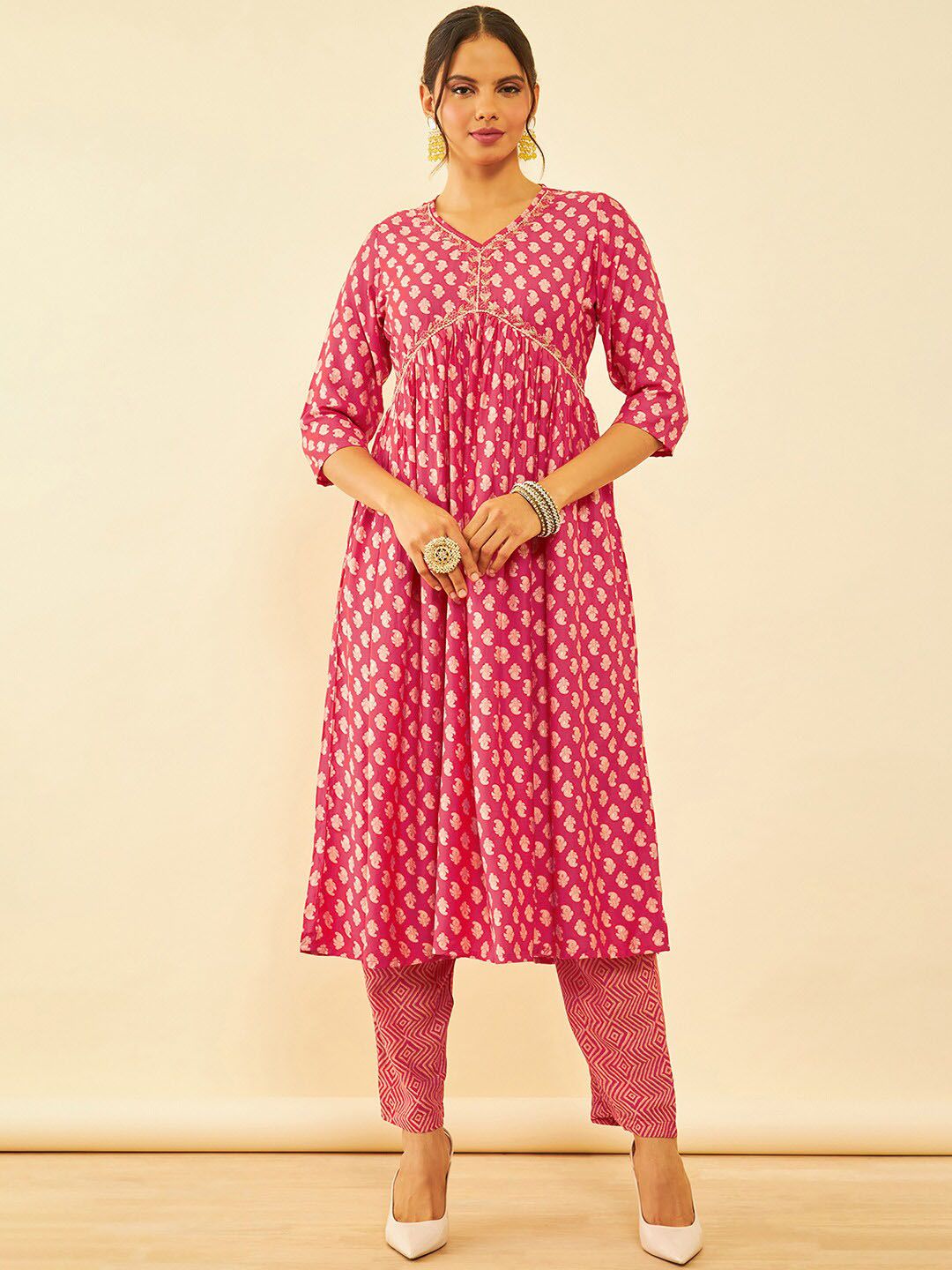 Dhiyona SO Women's Paisley Printed Sequinned V-Neck A-Line Kurta with Trousers & Dupatta