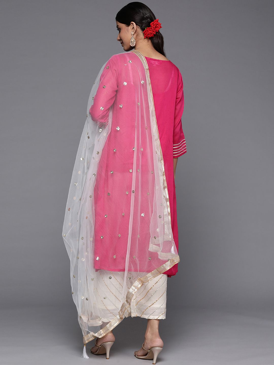 Dhiyona VA Women's Pink Yoke Design Pleated Gotta Patti Cotton Kurta with Palazzos & Dupatta