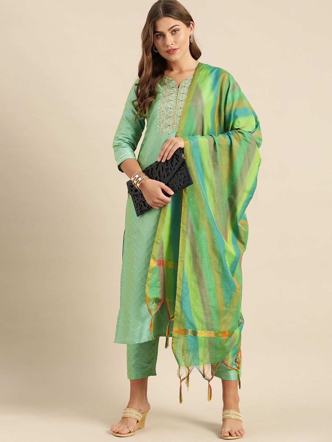 Dhiyona VA Women's Sea Green & Gold-Toned Embroidered Kurta with Trousers & Dupatta