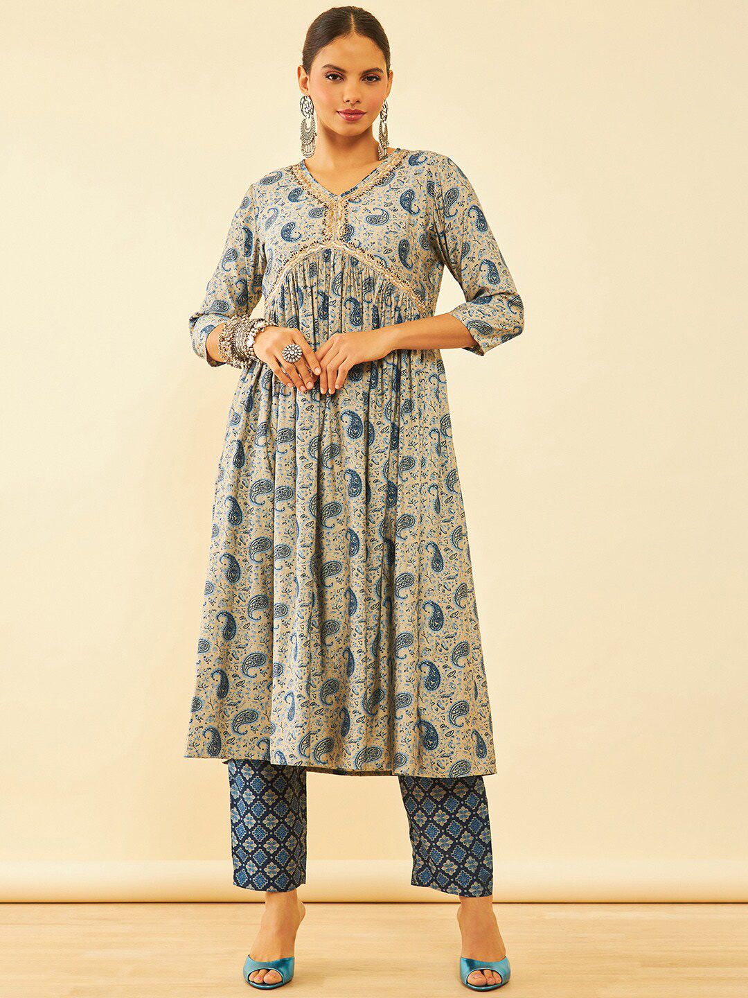 Dhiyona SO Women's Blue Paisley Printed Sequinned A-Line Kurta with Trousers & Dupatta