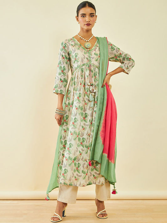 Dhiyona SO Women's Green Floral Printed Empire Mirror Work Pure Cotton Kurta with Trousers & Dupatta