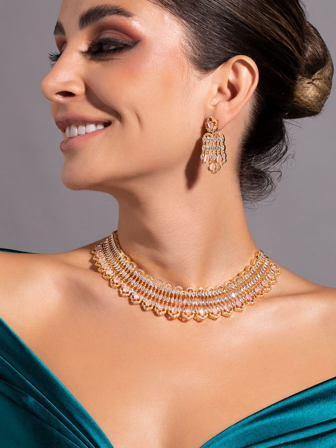 Dhiyona RJ Women's 22K Gold-Plated Crysta Pink & White Cubic Ziicronia Studded Choker Jewellery Set