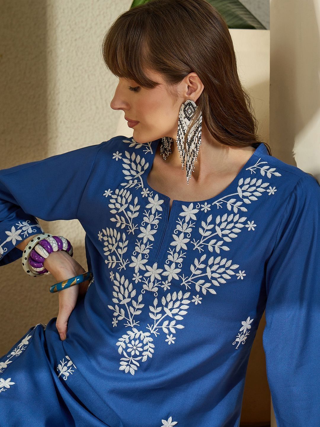 Floral Embroidered Straight Kurta with Trousers