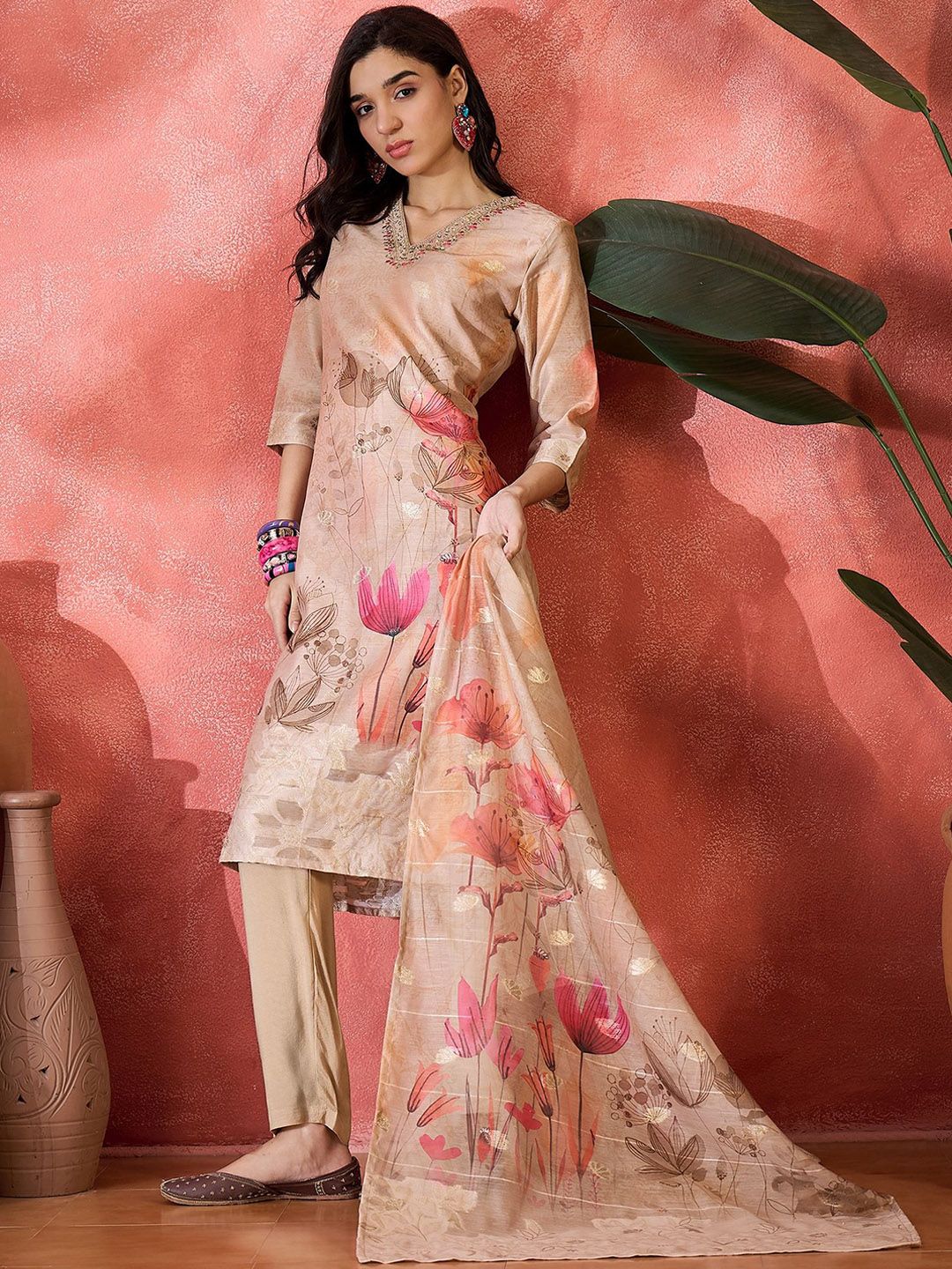 Dhiyona SN Women's Floral Printed V-Neck Jacquard Chanderi Silk Straight Kurta With Trouser & Dupatta