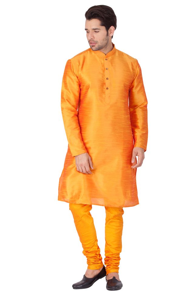 Men's Orange Silk Blend Straight Kurta Pyjama Set