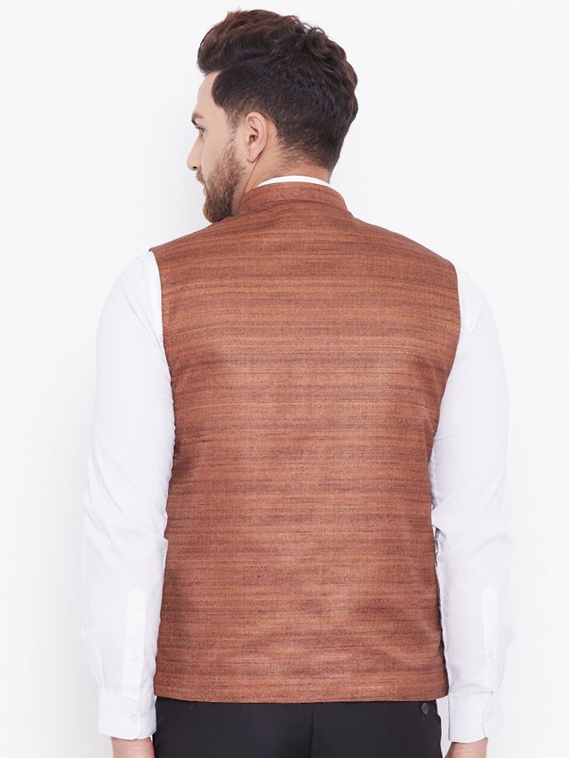 Men's Coffee Silk Blend Straight Nehru Jacket