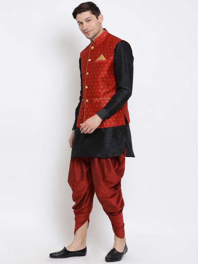 Men's Black Silk Blend Straight Jacket Kurta and Dhoti Set
