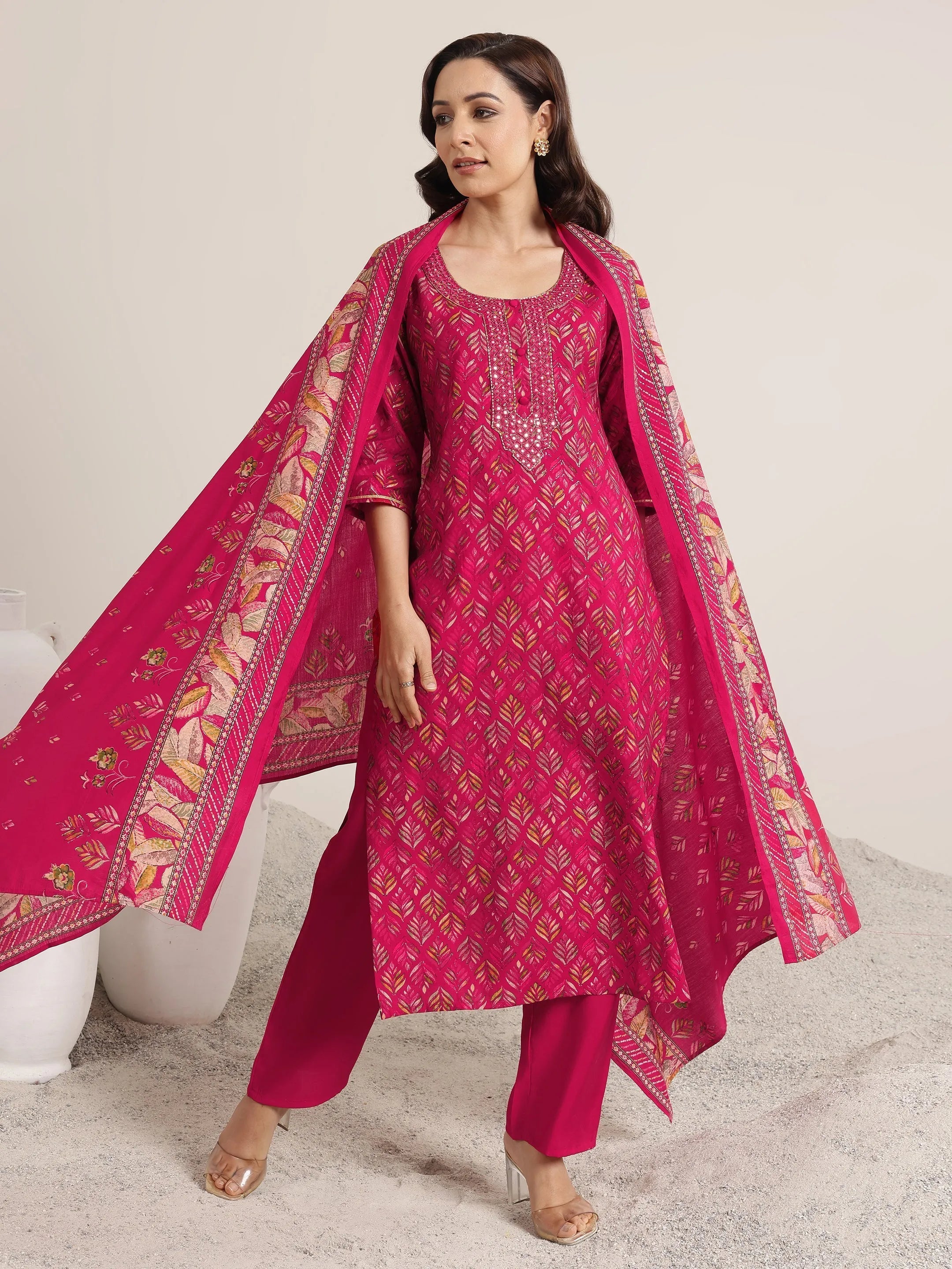 Pink Printed Silk Blend Straight Suit With Dupatta
