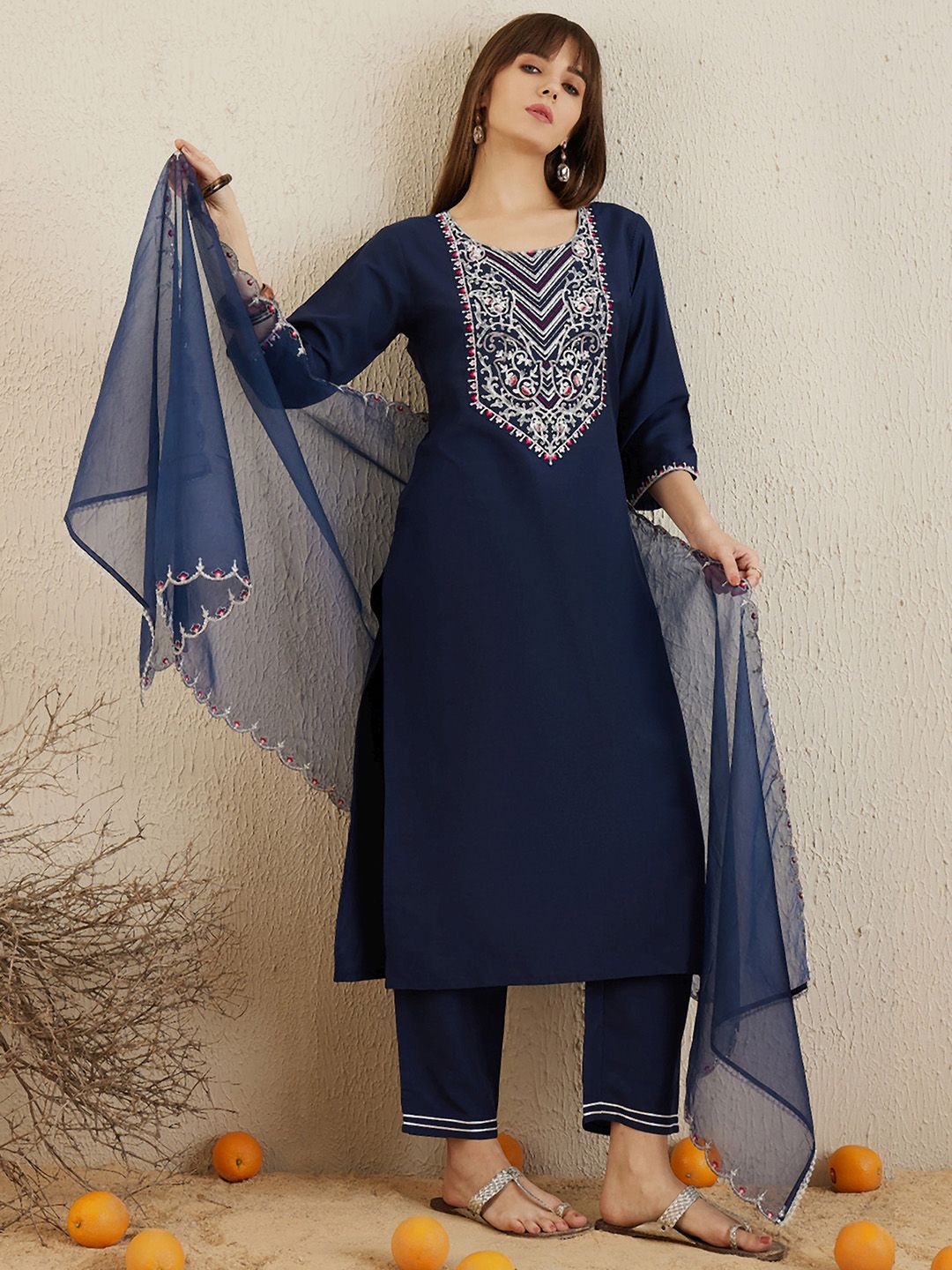 Dhiyona IE Navy Blue Embroidered Yoke Design Aari Work Kurta With Trousers & Dupatta