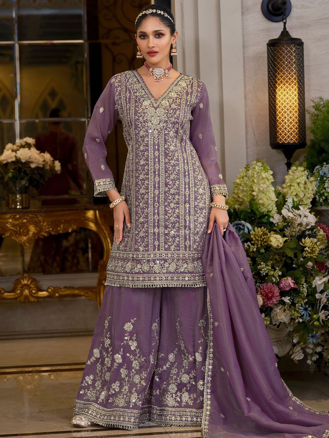 Dhiyona IE Women Ethnic Motifs Embroidered Kurta with Sharara & Dupatta