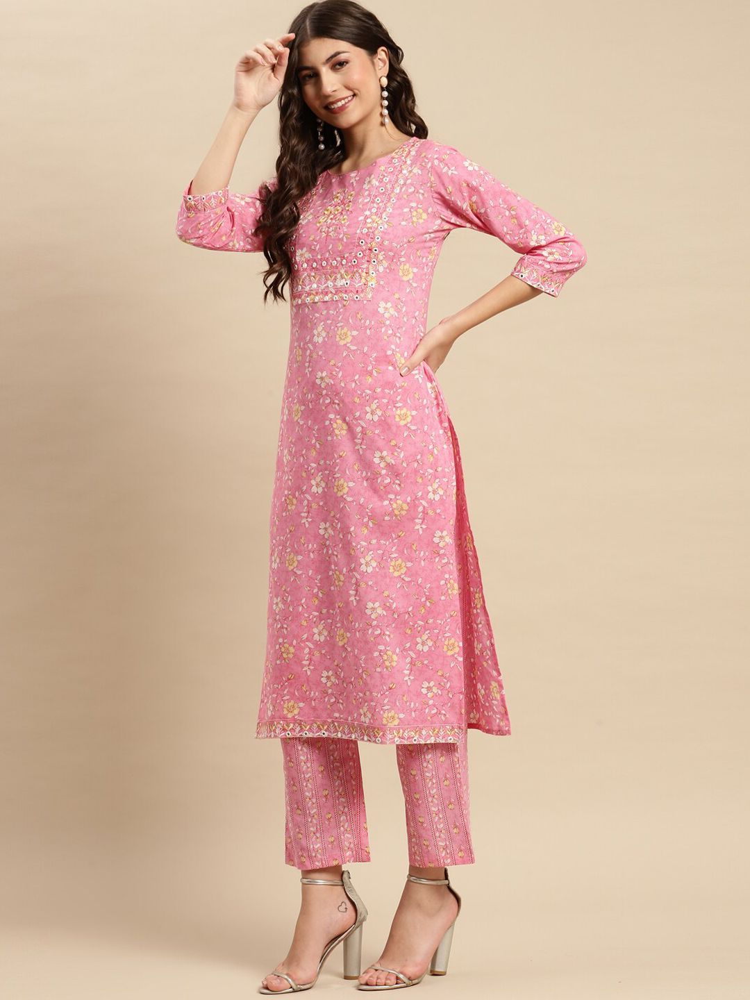 Dhiyona SN Women's Floral Printed Pure-Cotton Straight Kurta With Trouser & Dupatta