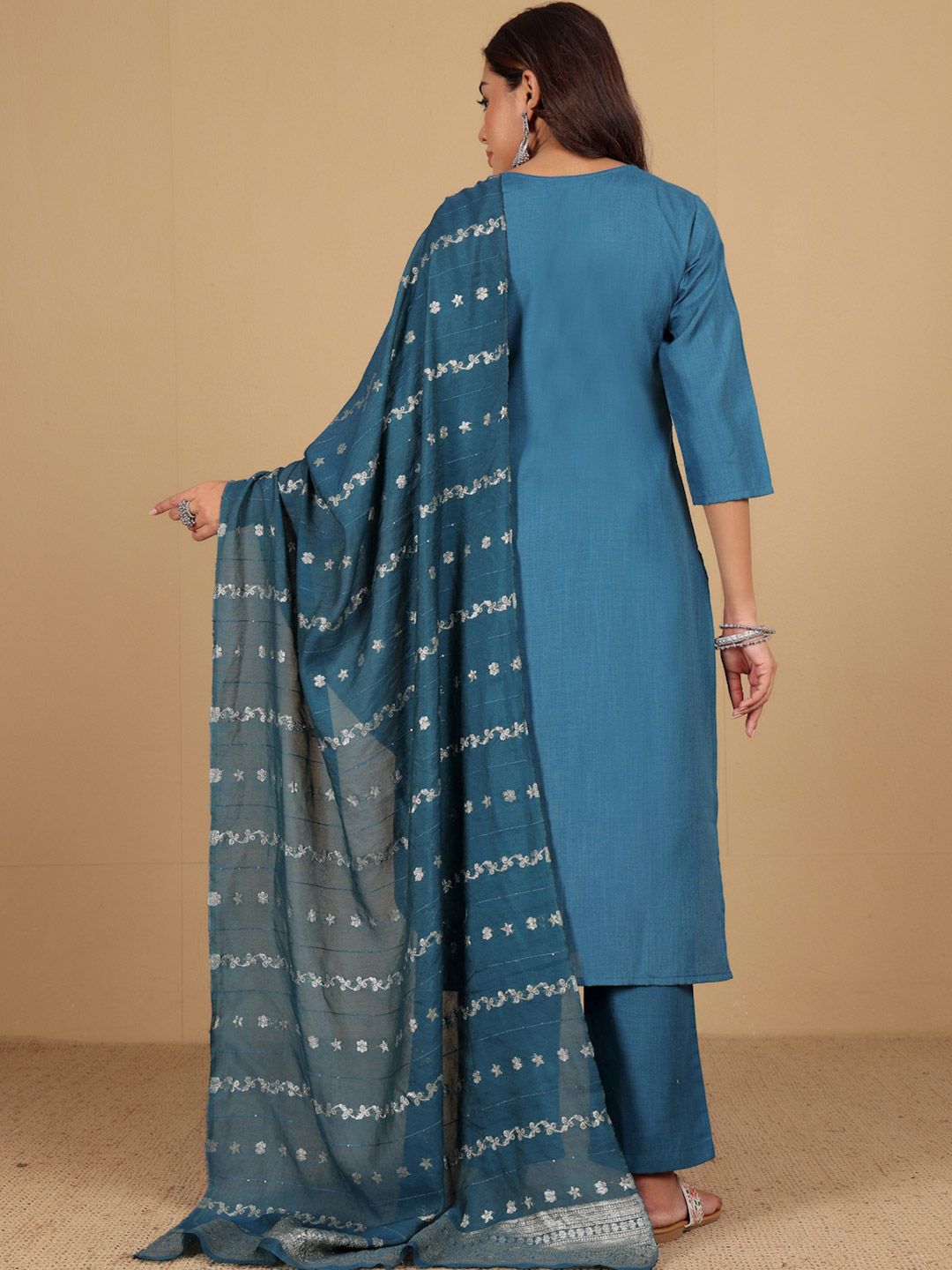 Dhiyona VA Women'sYoke Design Thread Work Notc Neck Straight Kurta With Trousers And Dupatta