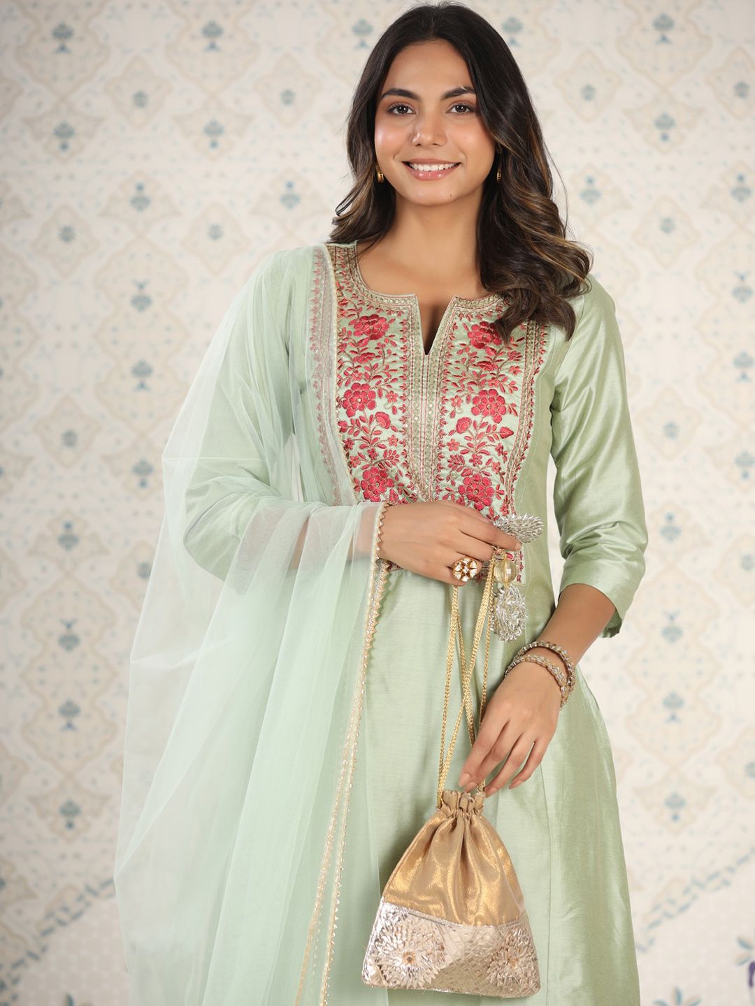 Dhiyona OD Embroidered Gota Patti A-Line Kurta with Trousers and Dupatta