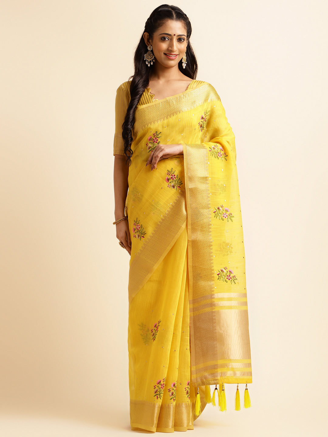 Dhiyona GR Women's Kashmira Yellow Cotton Silk Saree