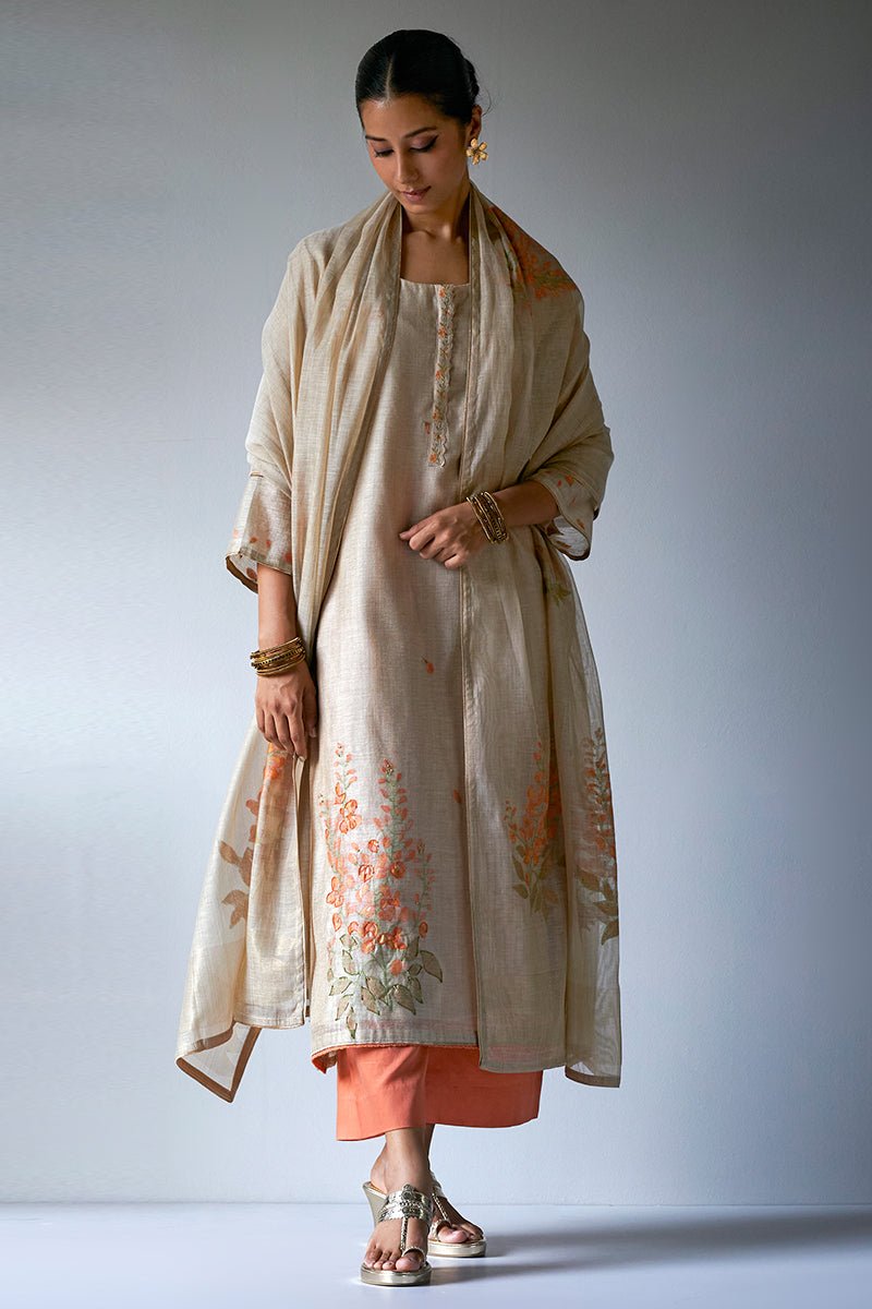 Women's Beige Woven Viscose Chanderi Kurta Suit Set With Delicate Hand Work Detailing and Embroidery Placket