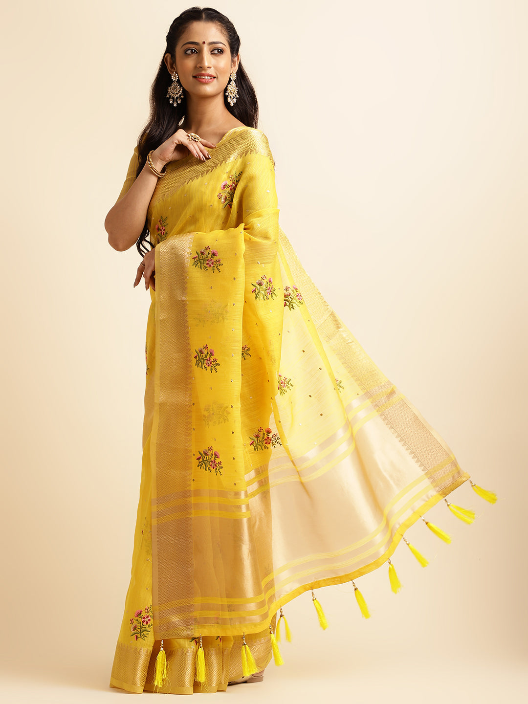 Dhiyona GR Women's Kashmira Yellow Cotton Silk Saree