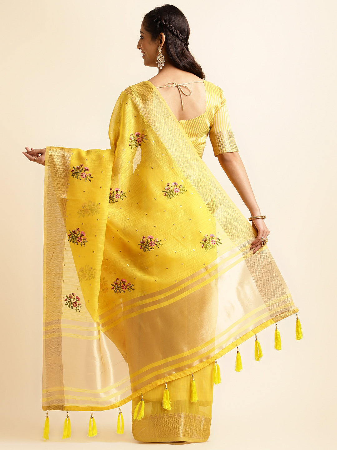 Dhiyona GR Women's Kashmira Yellow Cotton Silk Saree