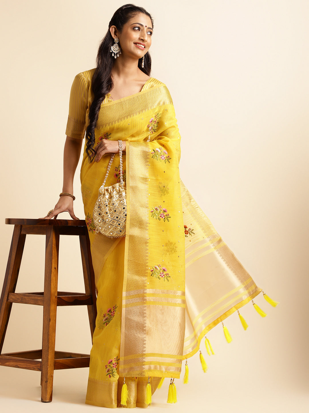 Dhiyona GR Women's Kashmira Yellow Cotton Silk Saree
