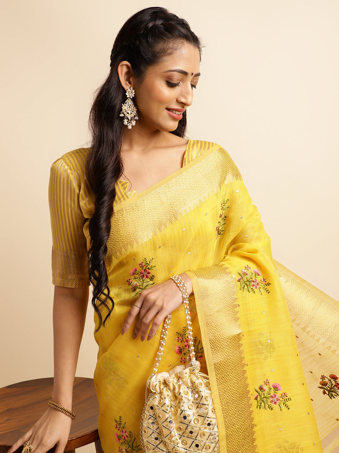 Dhiyona GR Women's Kashmira Yellow Cotton Silk Saree