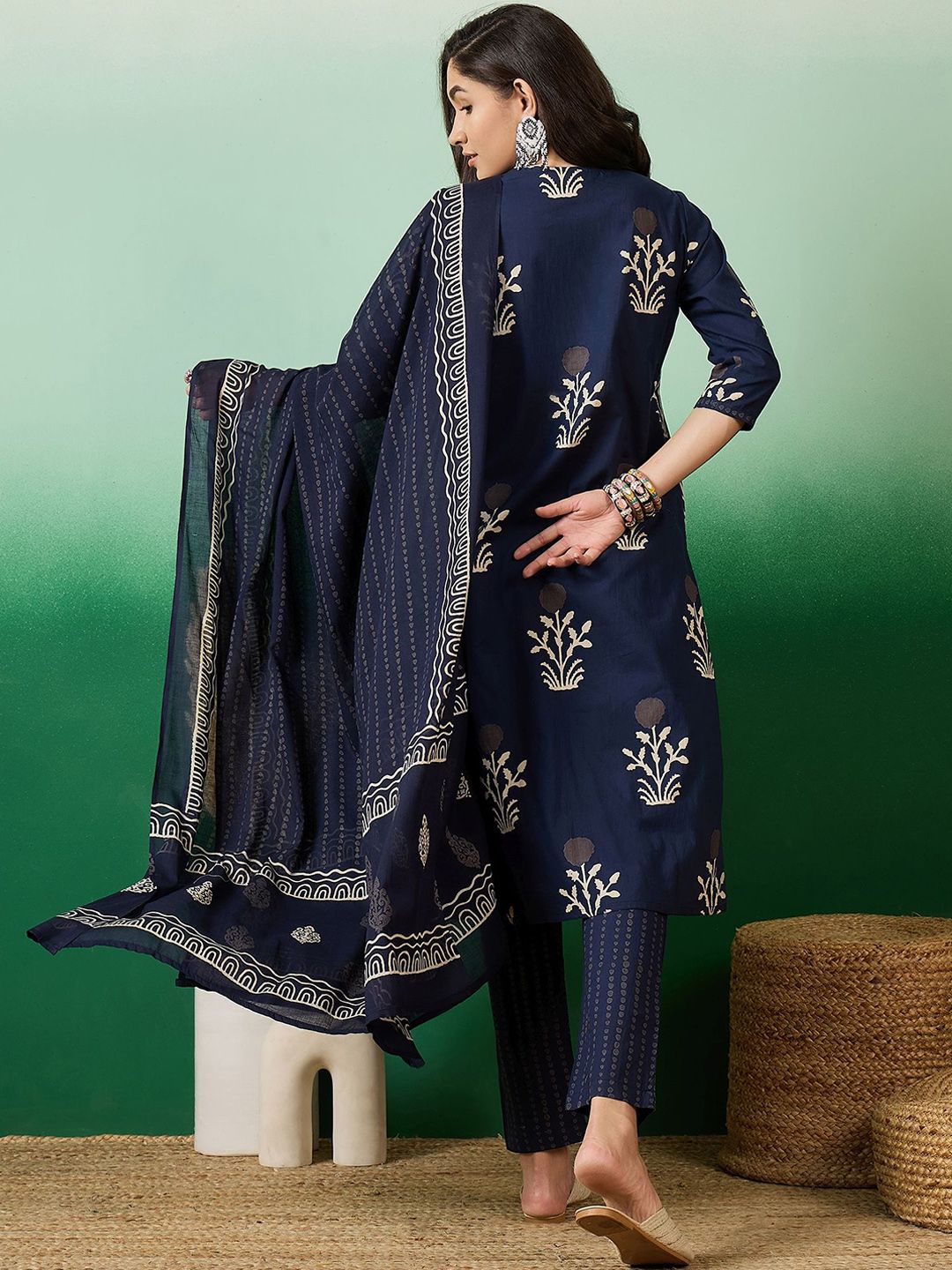 Dhiyona SN Women's Notch Neck Printed Pure Cotton Kurta With Trousers & Dupatta