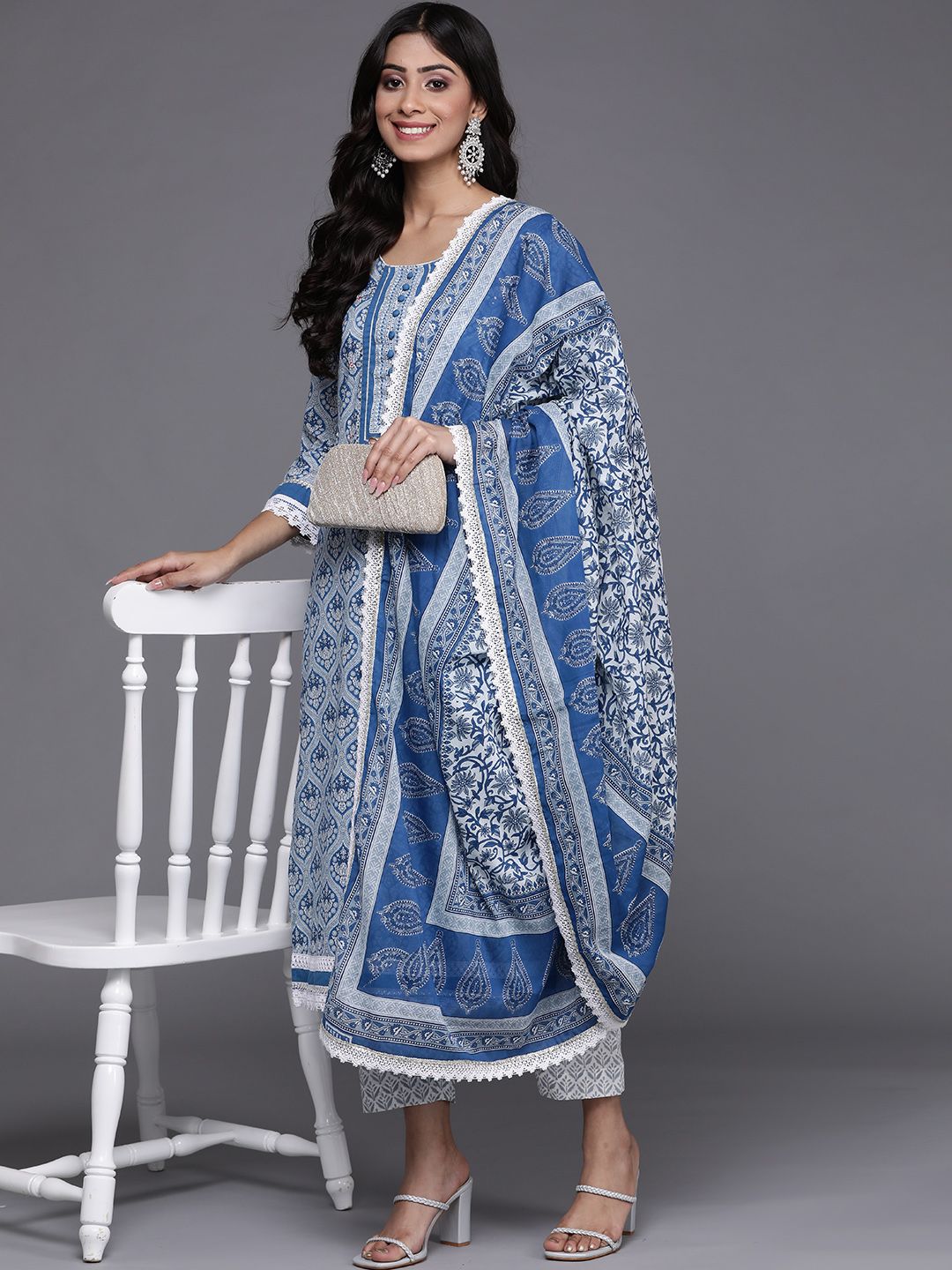 Dhiyona VA Women's Blue & Grey Ethnic Printed Pure Cotton Kurta with Trousers & Dupatta
