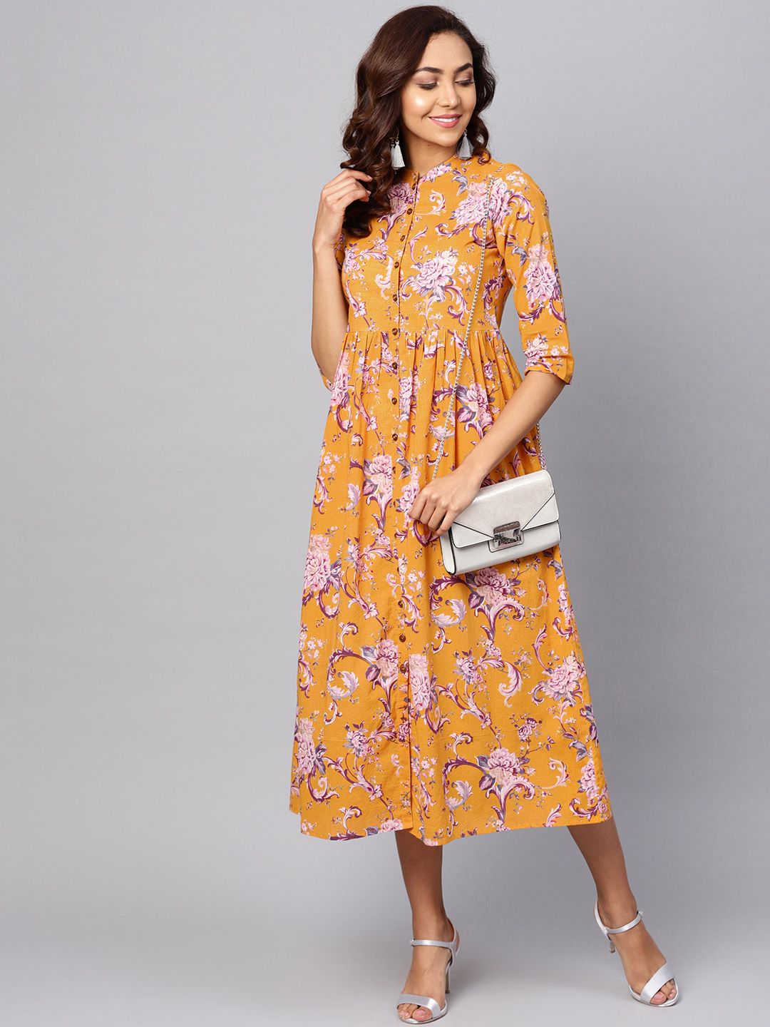 Dhiyona AY Women's Yellow Printed Fit and Flare Dress